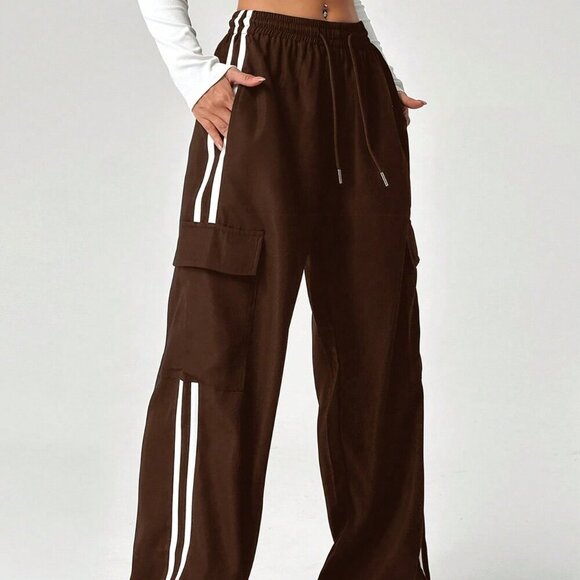 Pants - Brown Casual Women's Color Block Striped Drawstring Waist Cargo Long Pants